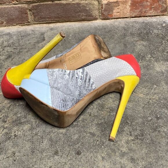 Aldo Multi Color Leather Peep Toe Stiletto Heels Size 8 - Picture 7 of 11